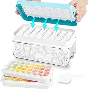 Silicone Ice Cube Tray With Lid And Bin, 64 Grids Press Type Ice Cube Molds  Comes With Storage Bin And Ice Scoop